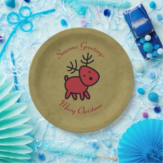 Red Christmas Reindeer Illustration Pappteller (Party)
