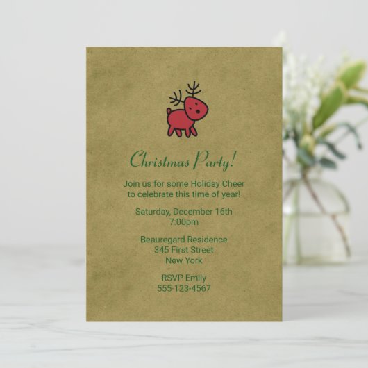 Red Christmas Reindeer Illustration Party Einladun Einladung (Stehend Vorderseite)