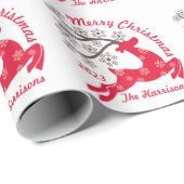 Red Christmas Reindeer Snowflake Name Weiß Geschenkpapier (Rolleneckpunkt)
