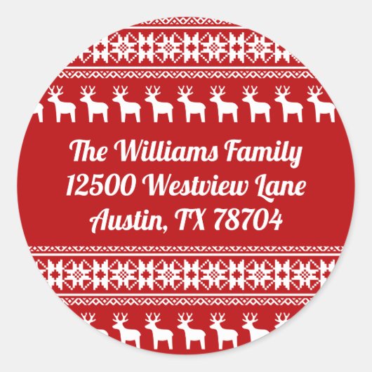 Red Christmas Reindeer Snowflake Rücksendeadresse Runder Aufkleber (Vorderseite)