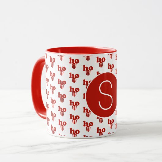 Red Christmas Santa Greeting Ho Ho Ho Mit Monogram Tasse (Vorderseite Links)