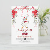 Red Christmas Silly Goose Girl 1st Birthday Einladung (Stehend Vorderseite)