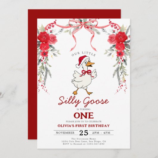 Red Christmas Silly Goose Girl 1st Birthday Einladung (Vorne/Hinten)