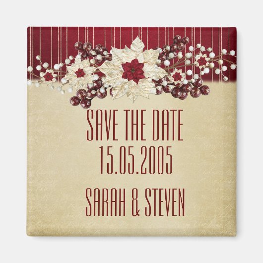 Red Christmas Star Damask Gold Save the Date Magnet (Vorne)