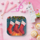 Red Christmas Stockings Fireplace Watercolor Pappteller (Party)