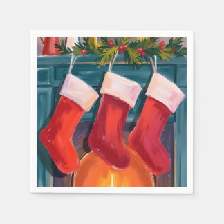Red Christmas Stockings Fireplace Watercolor Serviette