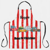 Red Christmas Striping Design mit Autos und Bäumen Schürze (Vorderseite)