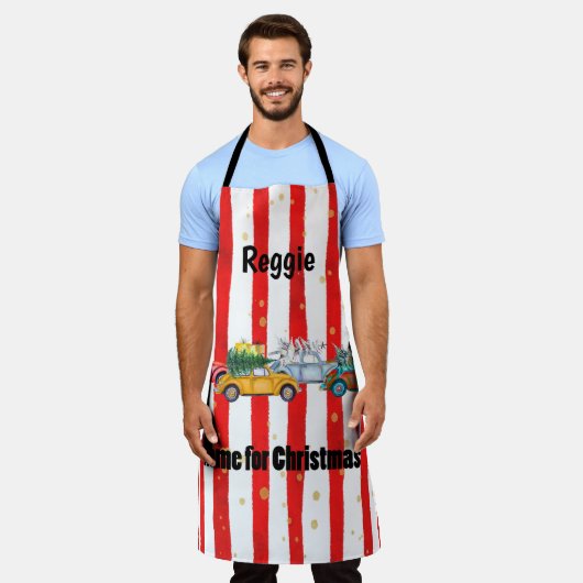 Red Christmas Striping Design mit Autos und Bäumen Schürze (Getragen)