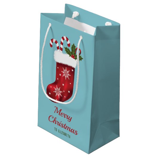 Red Christmas Strumpf auf Blau mit benutzerdefinie Kleine Geschenktüte (Rückseite Schrägansicht)