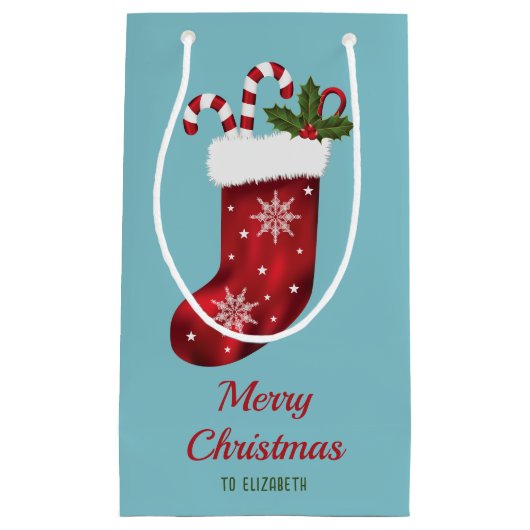 Red Christmas Strumpf auf Blau mit benutzerdefinie Kleine Geschenktüte (Vorderseite)