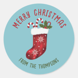 Red Christmas Strumpf auf Blau mit benutzerdefinie Runder Aufkleber
