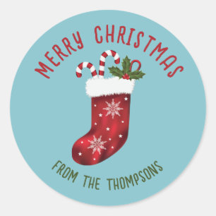 Red Christmas Strumpf auf Blau mit benutzerdefinie Runder Aufkleber