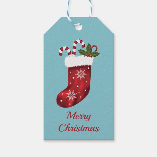 Red Christmas Strumpf On Blue - Frohe Weihnachten Geschenkanhänger (Vorderseite)