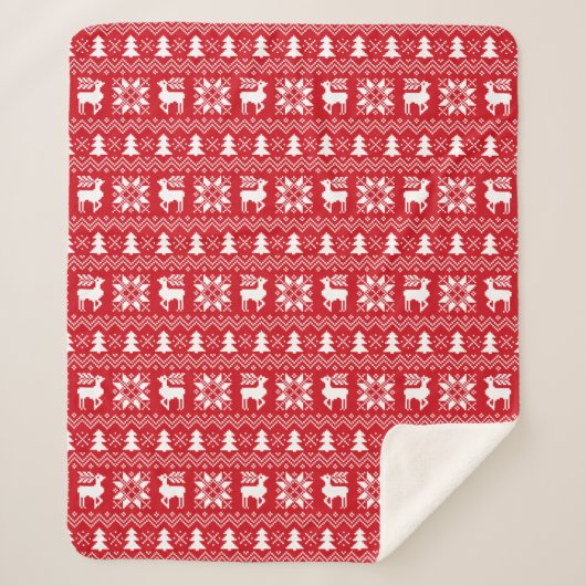 Red Christmas Sweater Reindeer Poinsettias Design Sherpadecke (Vorderseite)