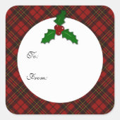 Red Christmas tartan Holly drehen Ihr Text Geschen Quadratischer Aufkleber (Vorderseite)