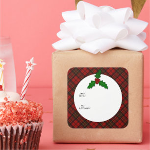 Red Christmas tartan Holly drehen Ihr Text Geschen Quadratischer Aufkleber