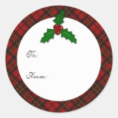 Red Christmas tartan Holly drehen Ihr Text Geschen Runder Aufkleber (Vorderseite)