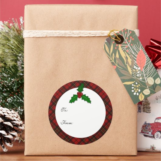Red Christmas tartan Holly drehen Ihr Text Geschen Runder Aufkleber (Feiertag)