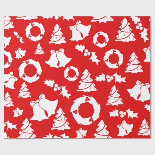 Red Christmas Tree Bells Wreath Wrapping Paper Geschenkpapier (Flach)