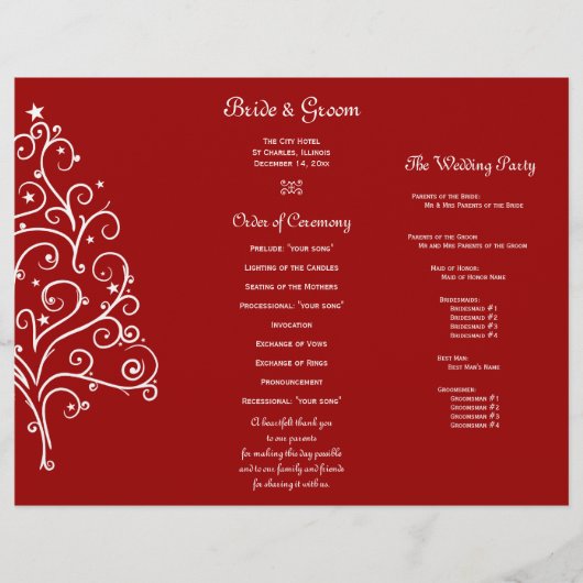 Red Christmas Tree Winter Tri Fold Wedding Program (Vorderseite)