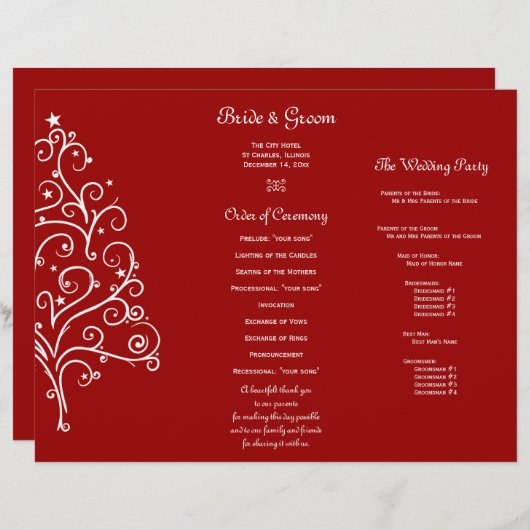 Red Christmas Tree Winter Tri Fold Wedding Program (Vorne/Hinten)