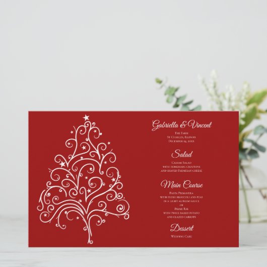 Red Christmas Tree Winter Wedding Menu (Stehend Vorderseite)