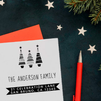Red Christmas Trees & Family Name Rücksendeadresse Permastempel