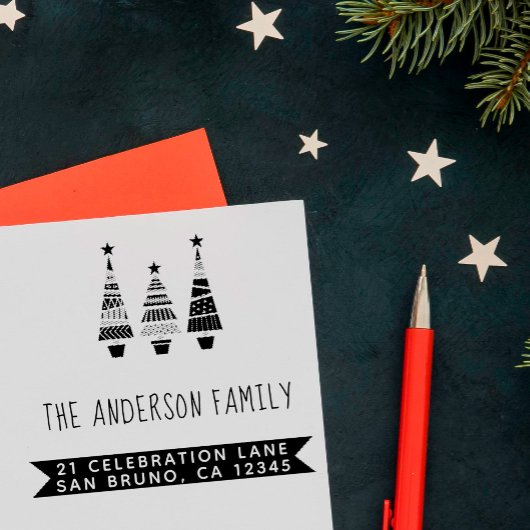 Red Christmas Trees & Family Name Rücksendeadresse Permastempel