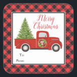 Red Christmas Truck Buffalo Kariert von Geschenk Quadratischer Aufkleber<br><div class="desc">Dieses Design zeigt unseren Vintag inspirierten roten LKW, der einen Weihnachtsbaum mit Büffel kariert trägt! Klicken Sie auf die Schaltfläche Anpassen, um mehr Flexibilität beim Hinzufügen/Ändern des Textes und/oder der Grafik zu erhalten! Variationen dieses Designs sowie der Koordinationsprodukte sind in unserem Shop, zazzle.com/store/doodlelulu, erhältlich. Kontaktieren Sie uns, wenn Sie dieses...</div>