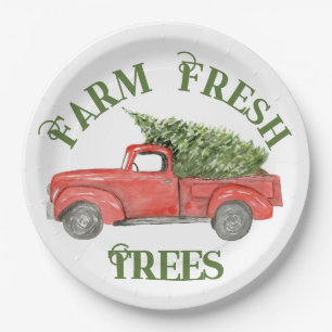 Red Christmas Truck Farm Frische Bäume Pappteller