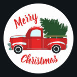 Red Christmas Truck Rustikale Weihnachtsfeier Runder Aufkleber<br><div class="desc">Aufkleber</div>