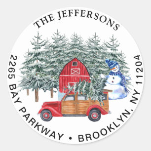 Red Christmas Truck & Snowman Return Address Label Runder Aufkleber