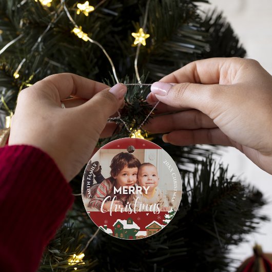 Red Christmas Village Custom Family Foto Keepake Keramik Ornament