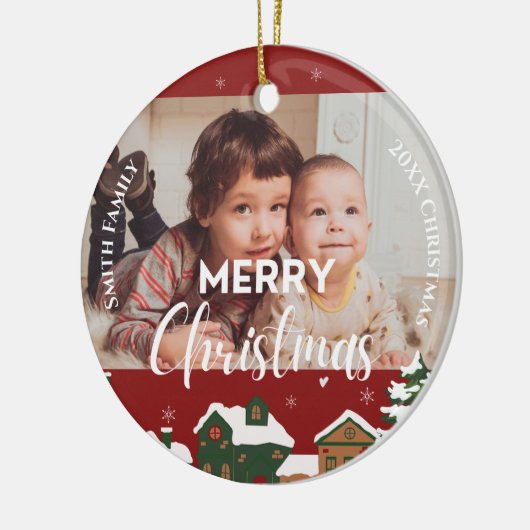 Red Christmas Village Custom Family Foto Keepake Keramik Ornament (Links)