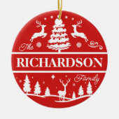 Red Christmas White Family Name | Monogramm Keramik Ornament (Vorne)