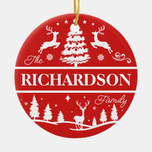 Red Christmas White Family Name | Monogramm Keramik Ornament (Vorne)