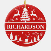 Red Christmas White Family Name | Monogramm Keramik Ornament (Hinten)