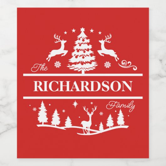 Red Christmas White Family Name Personalisiert Weinetikett (Einzelnes Label)