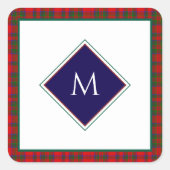 Red Christmas Wool Texture Plaid with Monogram Quadratischer Aufkleber (Vorderseite)