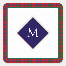 Red Christmas Wool Texture Plaid with Monogram Quadratischer Aufkleber