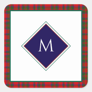 Red Christmas Wool Texture Plaid with Monogram Quadratischer Aufkleber
