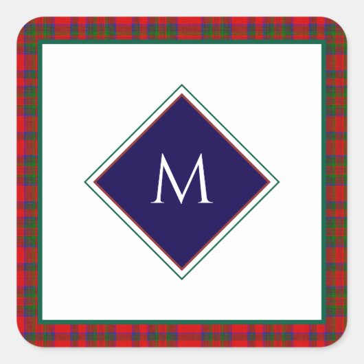 Red Christmas Wool Texture Plaid with Monogram Quadratischer Aufkleber (Vorderseite)