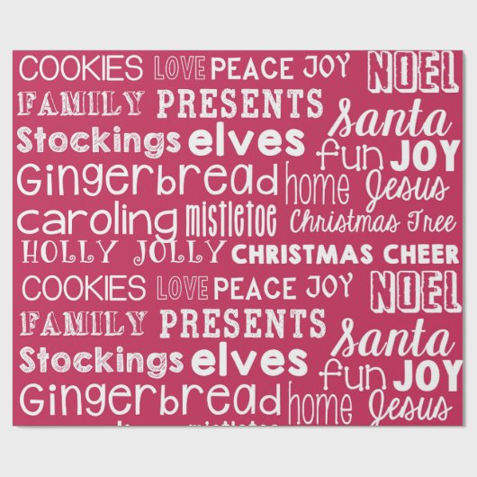 Red Christmas Words Holiday Wrapping Paper Geschenkpapier (Flach)