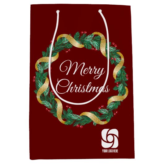 Red Christmas Wreath Custom Company Logo-Party Mittlere Geschenktüte (Vorderseite)
