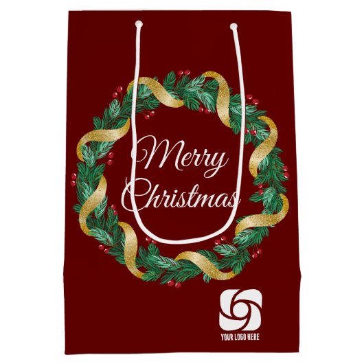 Red Christmas Wreath Custom Company Logo-Party Mittlere Geschenktüte (Rückseite)