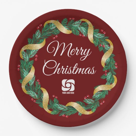 Red Christmas Wreath Custom Company Marketing Pappteller (Vorderseite)
