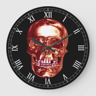 Red Chrome Skull Round Roman Numerals Clock Große Wanduhr