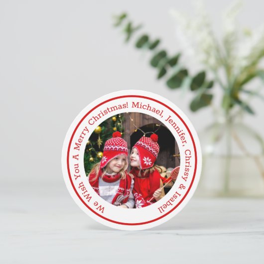 Red Circle Foto Add Message & Names Weihnachten (Stehend Vorderseite)