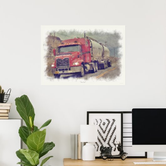 Red Cistern Truck Highway Driving Painting Print Poster (Heimbüro)