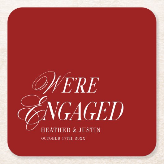 Red Classic Formal Elegant Wir sind Verlobt Rechteckiger Pappuntersetzer (Vorderseite)